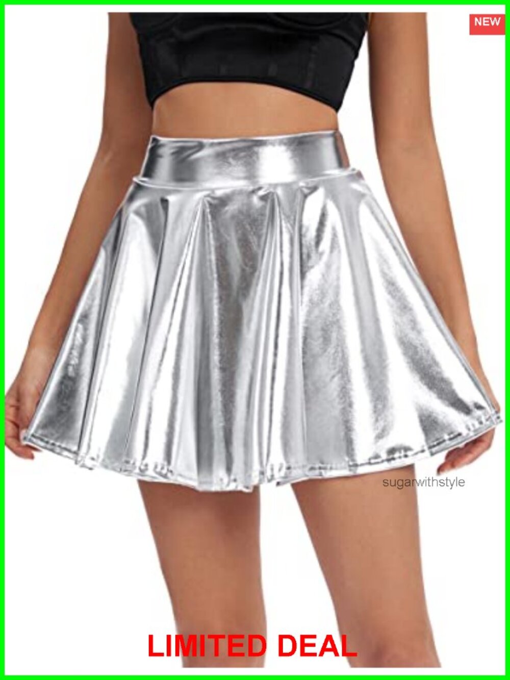 Women's Shiny Flared Pleated Mini Skater Skirt High Waist A-Line